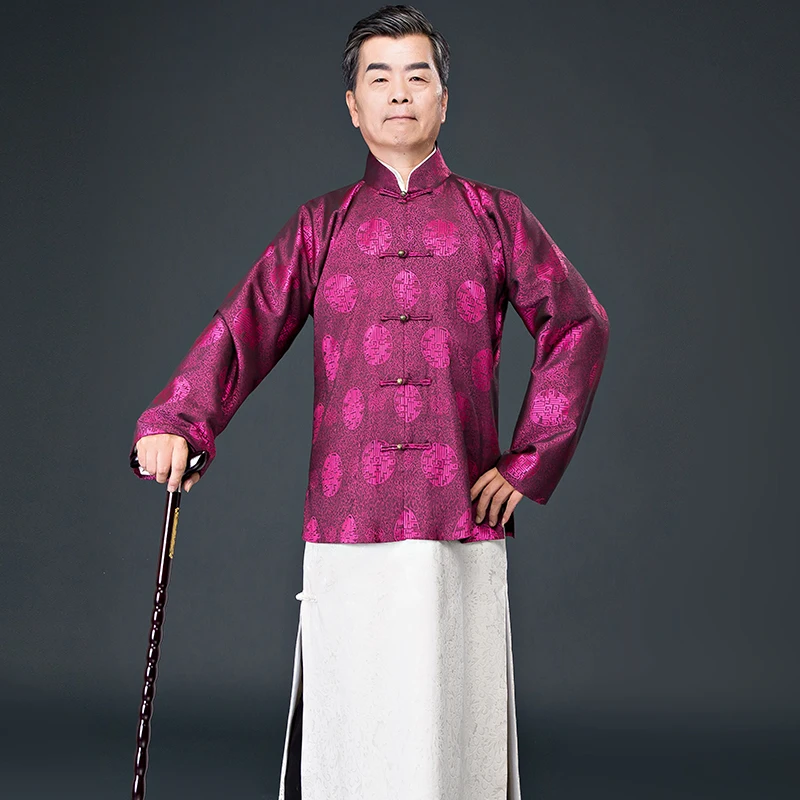 

New old shanghai costume man shopkeeper cotton and linen Tang robe Chinese Family portrait performance costumes Grandpa clothing