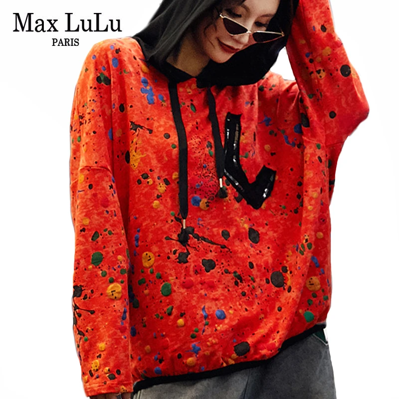 Max LuLu/Новинка года; корейский стиль; модная женская осенняя одежда в стиле панк; женские толстовки с капюшоном; повседневные женские толстовки с цветочным принтом