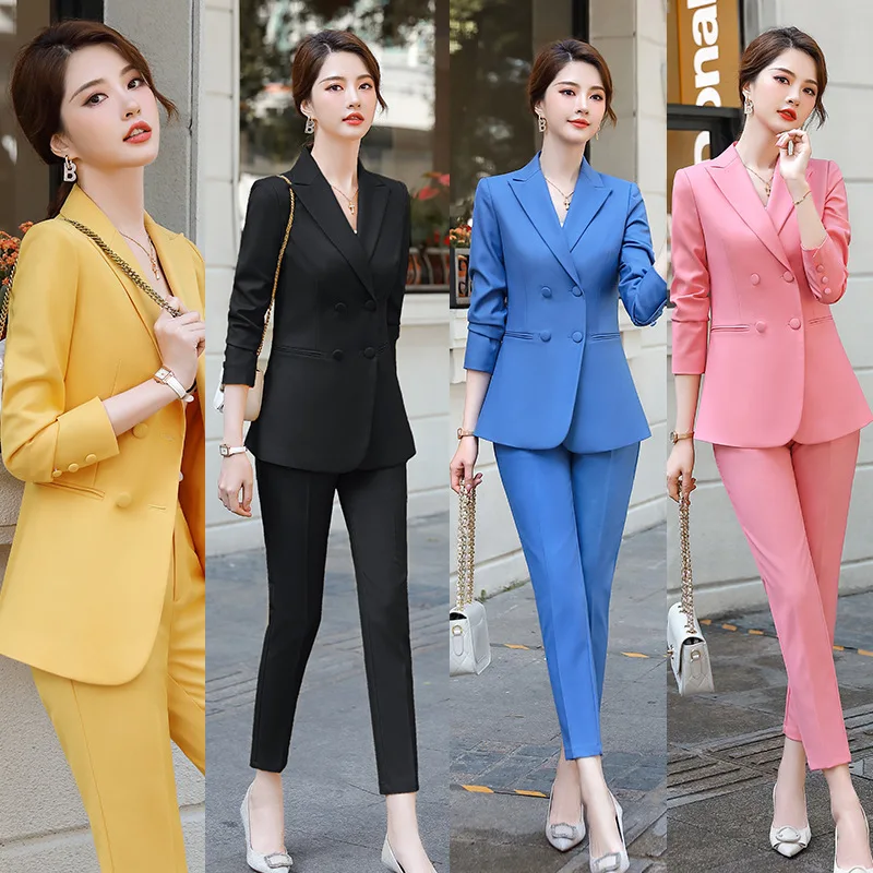 IZICFLY New Style Spring Fall Fashion Uniforms Business Slim Office Pink Suit Women Blazer Set With Trousers Work Wear 2 Piece