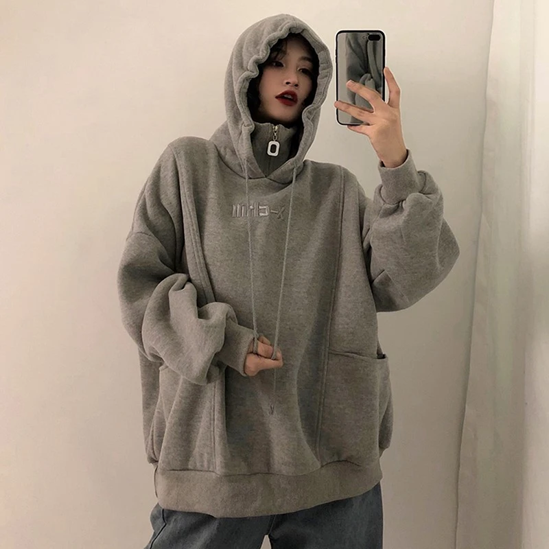 

Hoodies Women Hooded Plus Velvet Thicker Long Sleeve Oversize Letter Embroidered Womens Hoodie Harajuku Korean Style Trendy