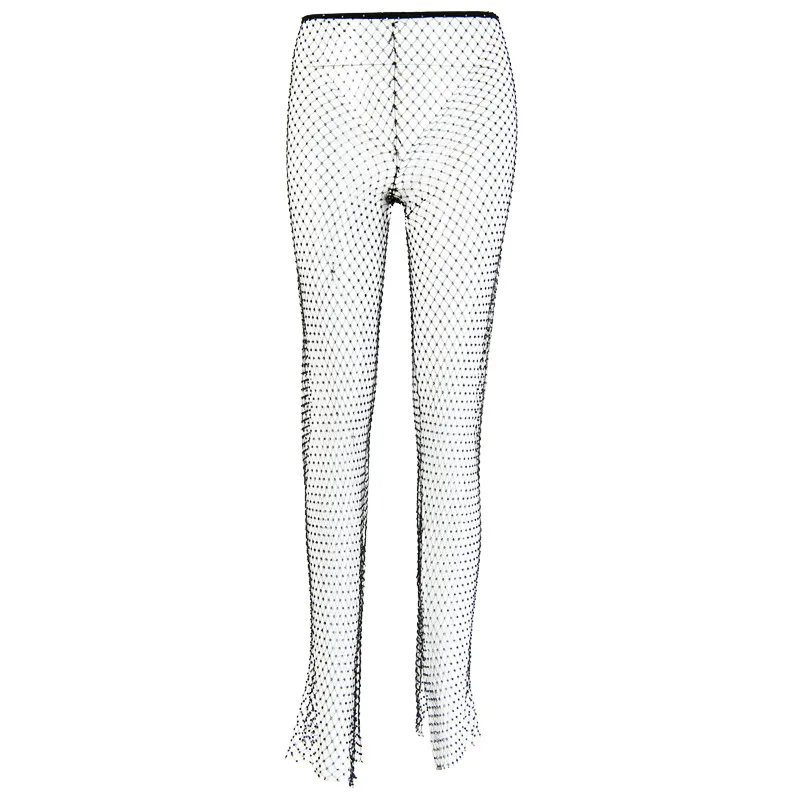 DIRTYLILY Crystal Diamond Shiny Women Pants Summer New Fashion Hollow Out Fishnet Wide Leg Trousers Sexy See Through Beach Pant images - 6