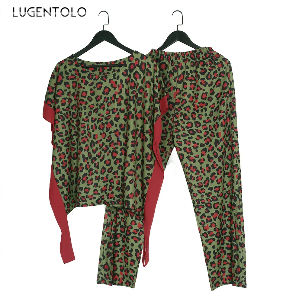 

Lugentolo Women 2 Piece Set Loose Green Color Red Leopard Print Casual Half Sleeve Top Long Straight-Leg Pants Female Casual Set