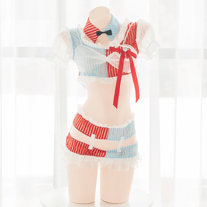 

Cute Clown Girl in Red And Blue Contrasting Color Underwear Set Student Sweet Sexy Hollow Bandage Private Top And Pants Suit