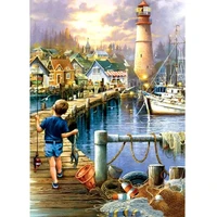 full square drill 5d diy diamond painting fishing boy kid tower scenery embroidery cross stitch lighthouse home decor gifts