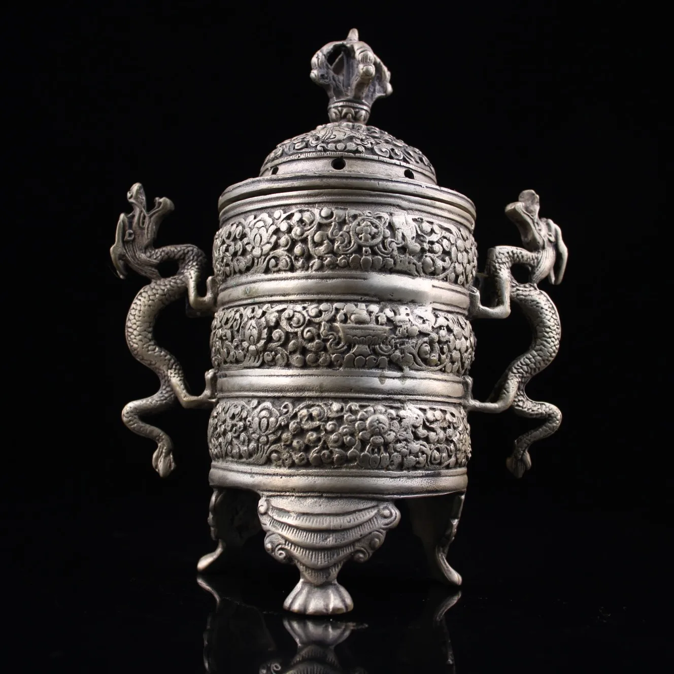 

Китайская народная коллекция, старинная бронзовая Позолоченная серебряная статуя дракона 7 дюймов, бинауральная трехуровневая курильница ...