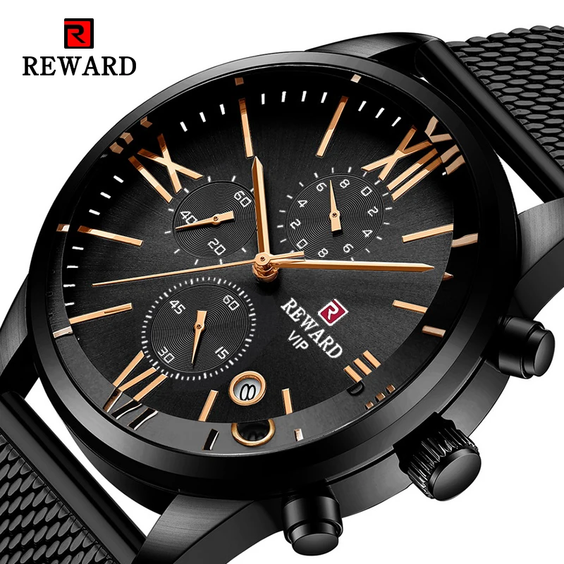 

REWARD Black Gold Men's Quartz Wrist Watches Minutes Display Water Resistant Business Watch Fashion Top Brand Clock Male