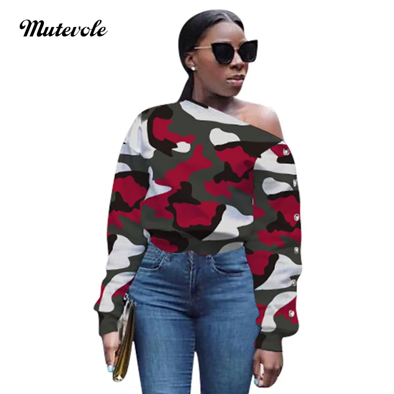 Mutevole Women Sexy Slash Neck Camouflage Shirts Casual Button Long Sleeve Blouse Ladies Fashion Autumn Crop Top Shirt | Женская одежда