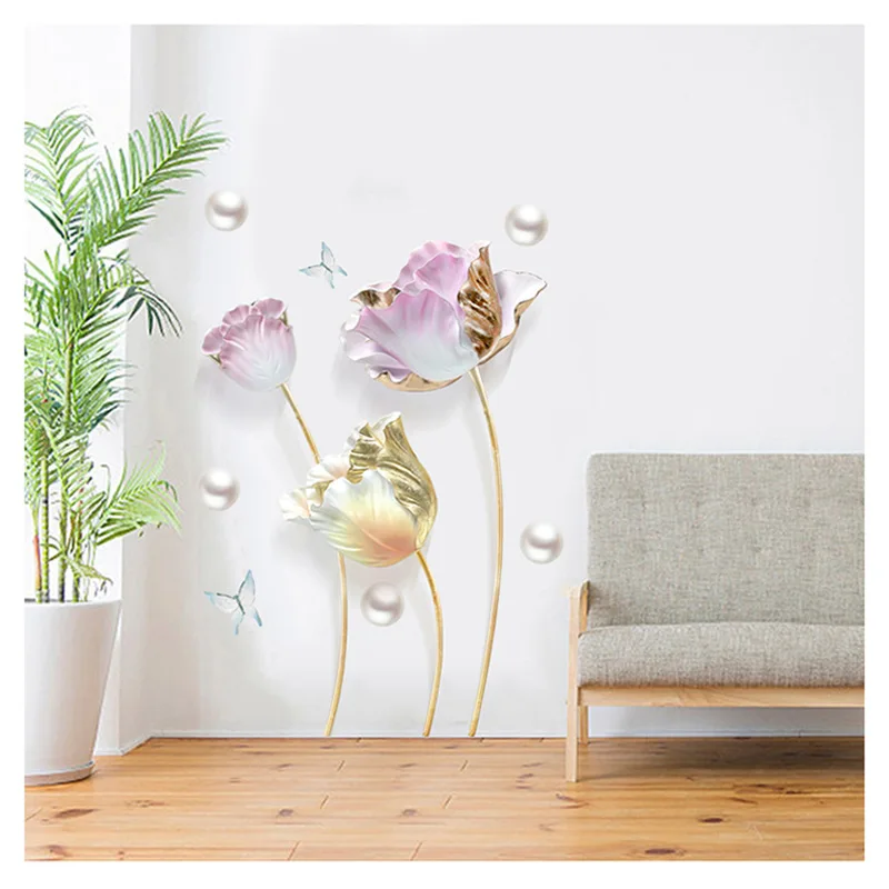 Съемные Виниловые Настенные стикеры 3D в виде тюльпанов и бабочек для гостиной