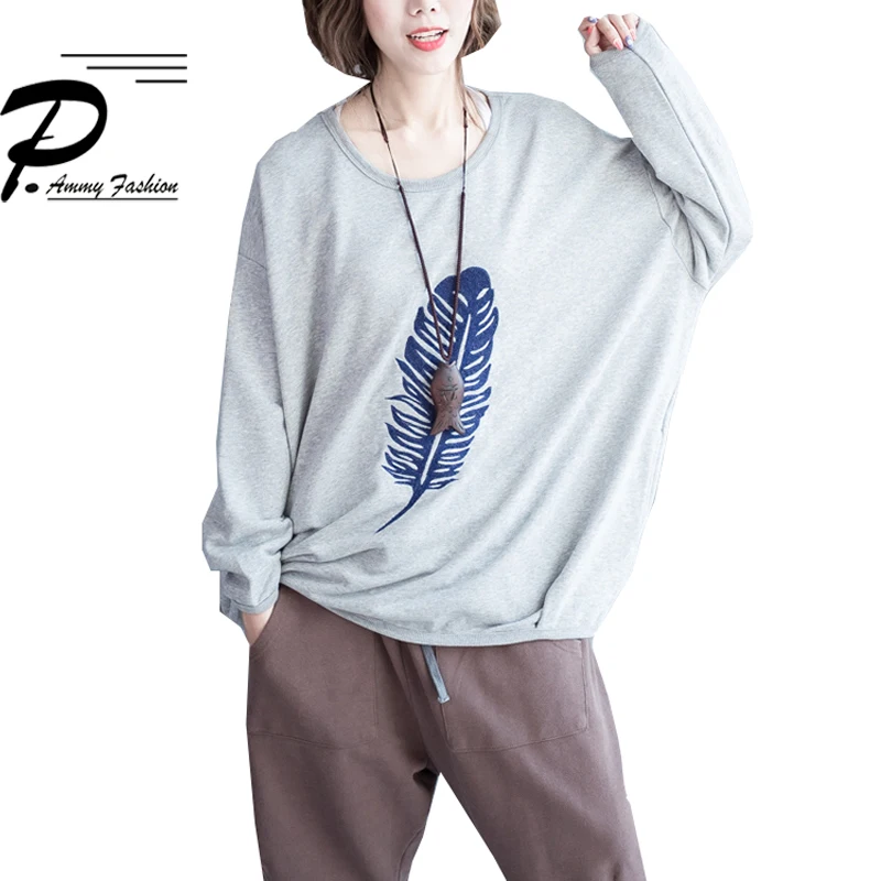 Для женщин Большие размеры с рукавами летучая мышь вышивка Толстовка отделкой из