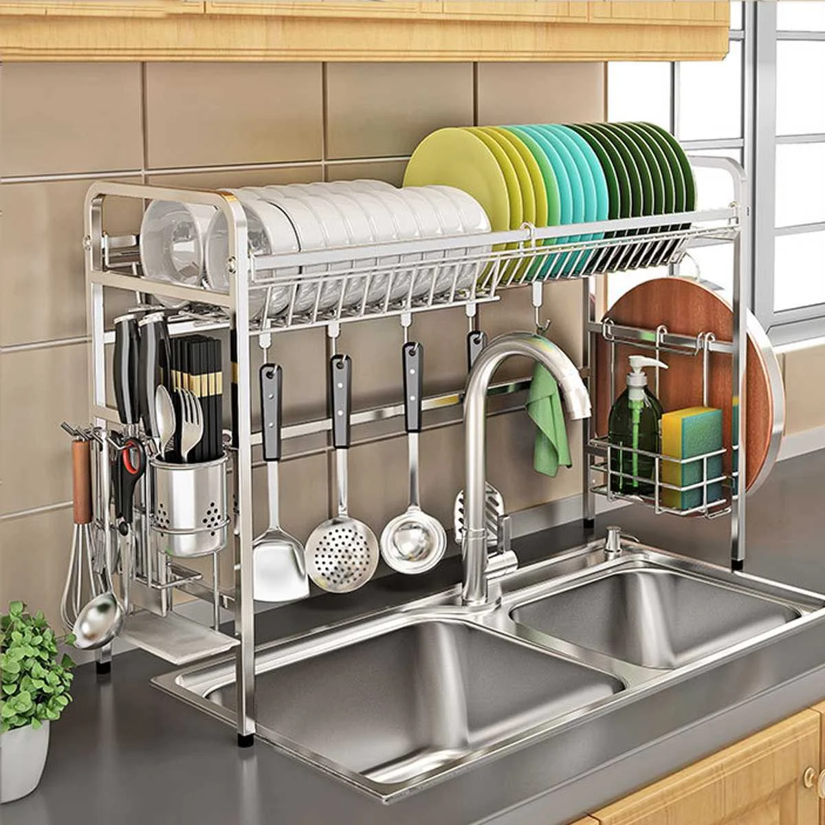 

2-Layer Drain Basket Sink Organizer Kitchen Storage Stainless Steel Fruit Baskets Dish Drying Kitchen Rack Organization Shelf