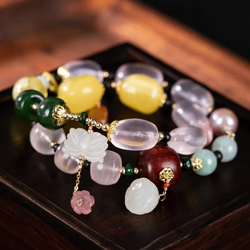 

14K Filled Gold Gemstone strand bracelet for Women 2 Layers Elastic Rope charm Bracelets pink Crystal Amber Jade Jewelry