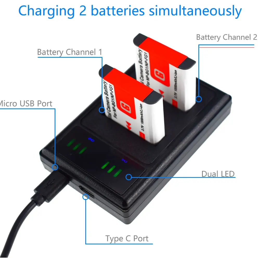 2 шт. в комплекте Тип G Батарея + Dual USB Зарядное устройство для SONY Cybershot NP-BG1 H9 H3 T100 W80
