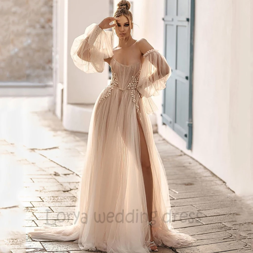 

Sexy Appliques Wedding Dress Vestidos De Novia Boat Removable Lantern Sleeves Illusion Tulle High Split Sweep Train Bride Gown