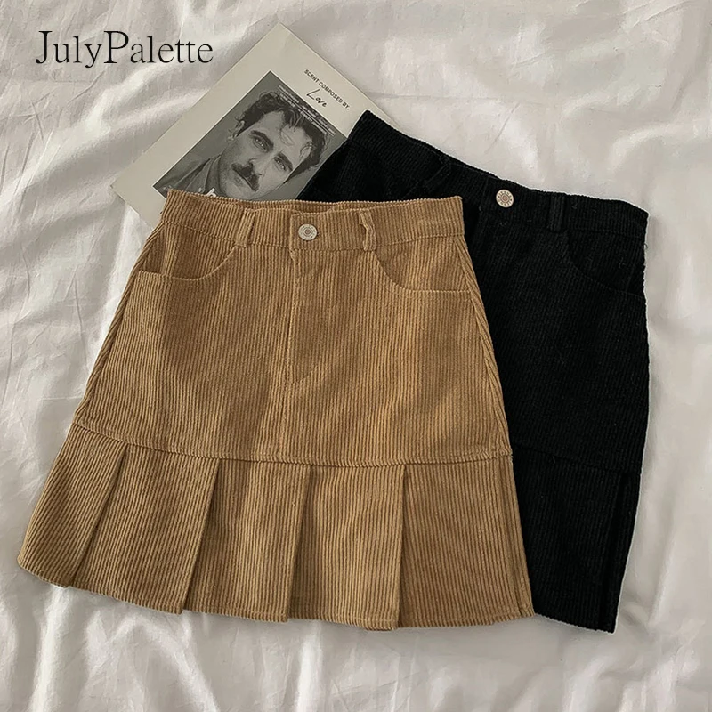 

Julypalette Solid High Waist A-line Skirt 2021 Autumn Winter Vintage Women Corduroy Pleated Skirt Black All-match Mini Skirt