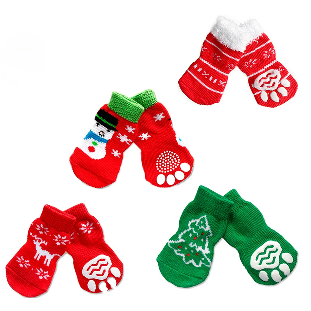 

4 пары рождественских теплых Хлопковых Носков, рождественские тематические носки для домашних животных, собак, кошек, нескользящие носки, н...