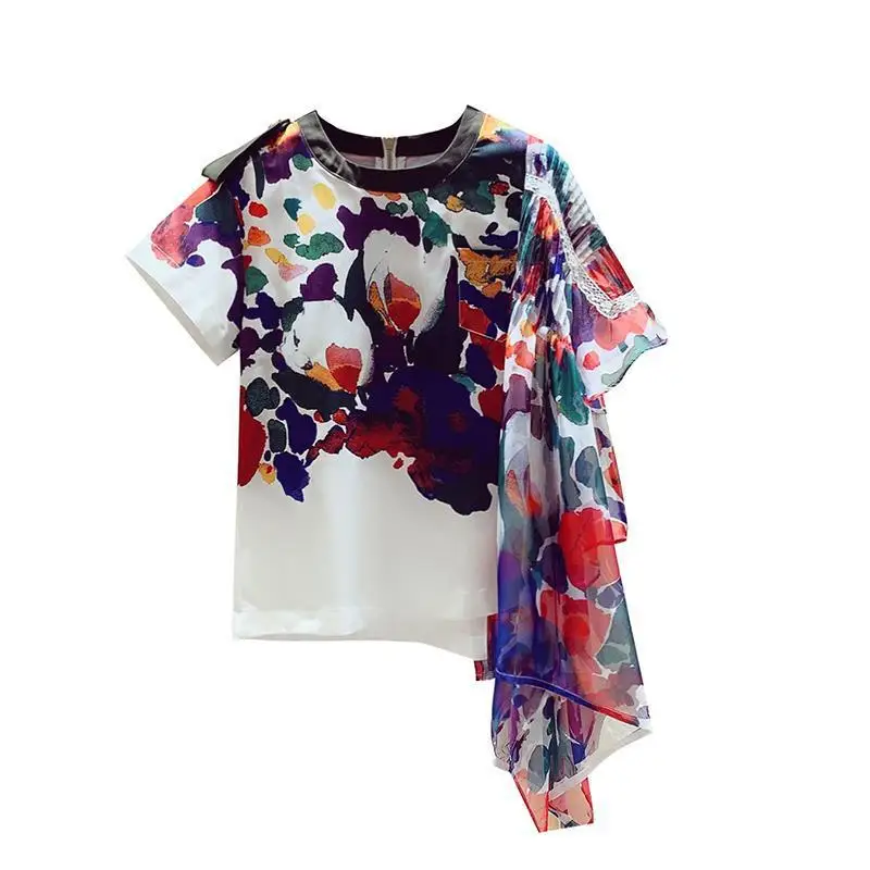 

SuperAen Colored Graffiti Printing Irregular Patchwork Short Sleeve O Neck Spring Summer 2021 New Loose Woman Tshirts