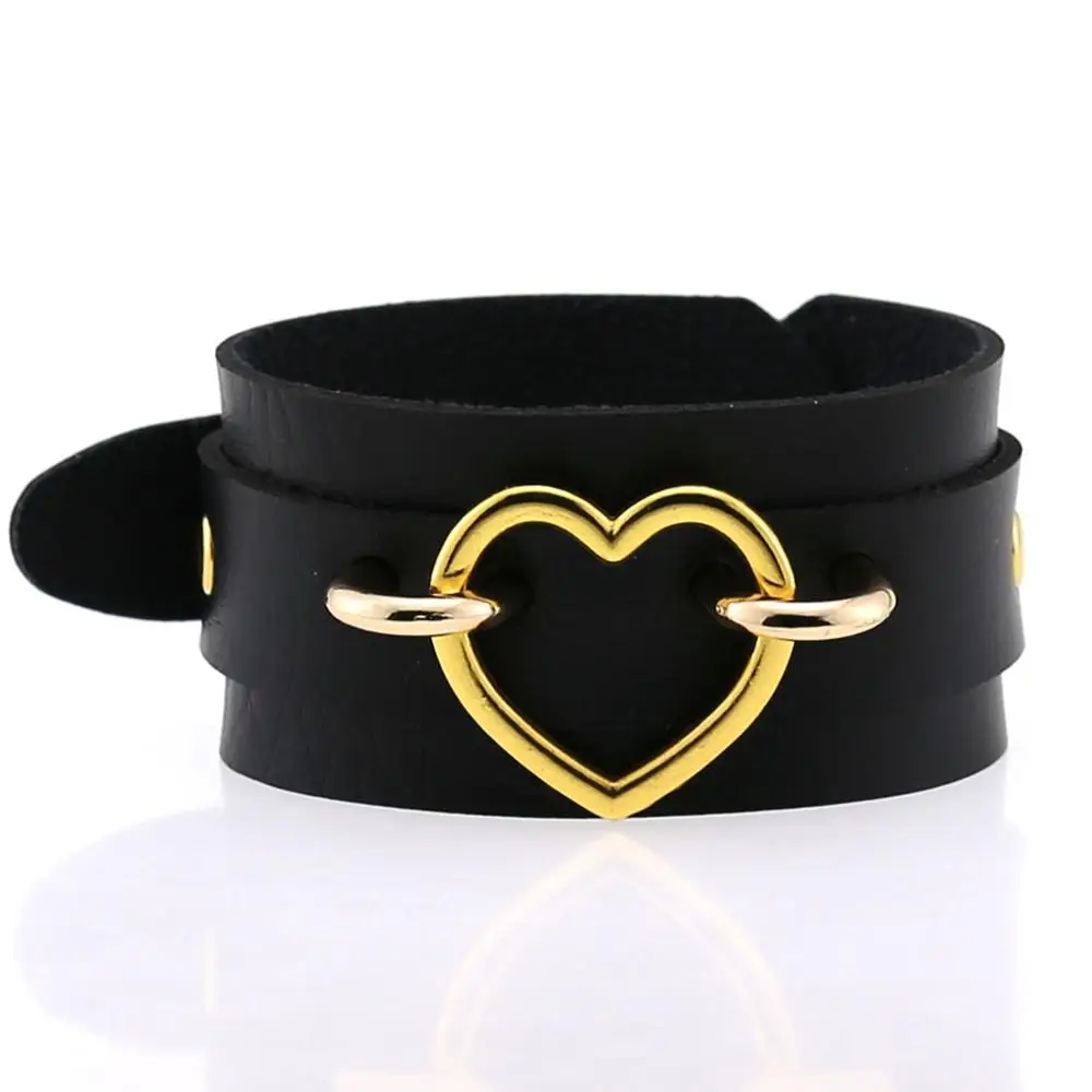

Heart Bracelet Black PU Leather Wristband Cuff goth gothic punk armbands Fashion love bracelets women men metal cosplay jewelry