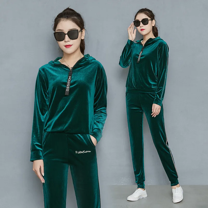 Green clothes small Осенняя и зимняя женская куртка спортивная модная повседневная мягкая велюровая Толстовка комплект из 2 предметов пуловер с длинными рукавами спортивные костюмы - Цвет: Green clothes small