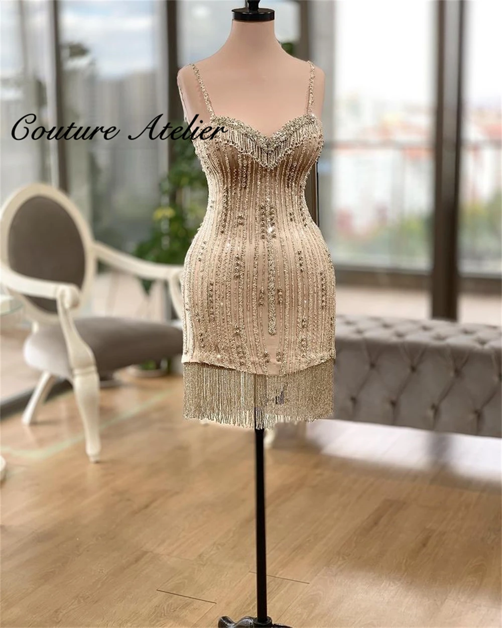 Spaghetti Prom Dresses Tassels Homecoming Dress Mermaid Mini Cocktail Gowns Beaded robe de bal