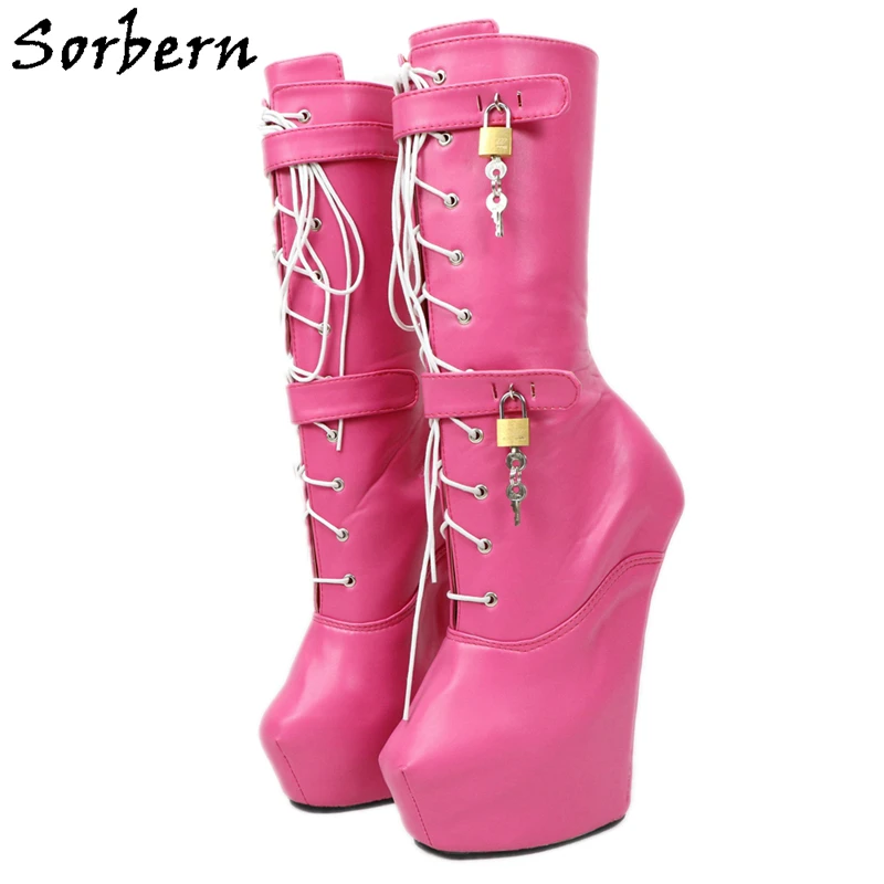 

Sorbern Sexy Heelless Mid-Calf Boots Drag Queen Women Platform Heels Custom Wide Slim Fit Lockable Pink Matte Hoof Boots Females