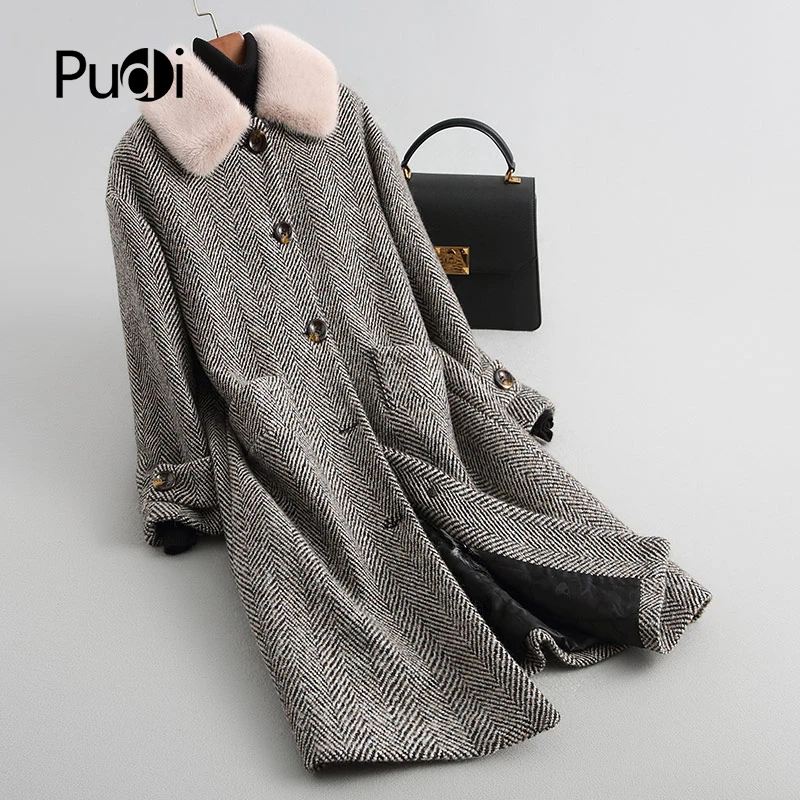 

A18122 Women's Winter Warm Wool Overcoat With Fox Collar Sheep Fur Lining Coat Lady Coat Jacket Overcoat