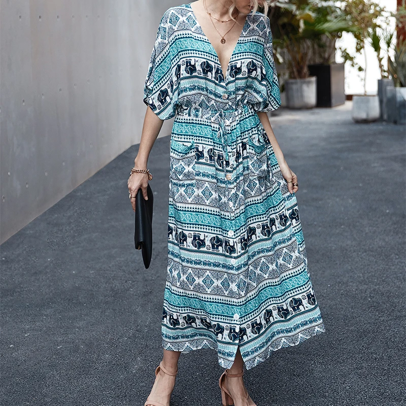 

Fashion Ladies Spring Summer Sexy Deep V Neck Long Dress Women 2021 New A-line Bohemian Print Half Sleeve High Waist Long Dress