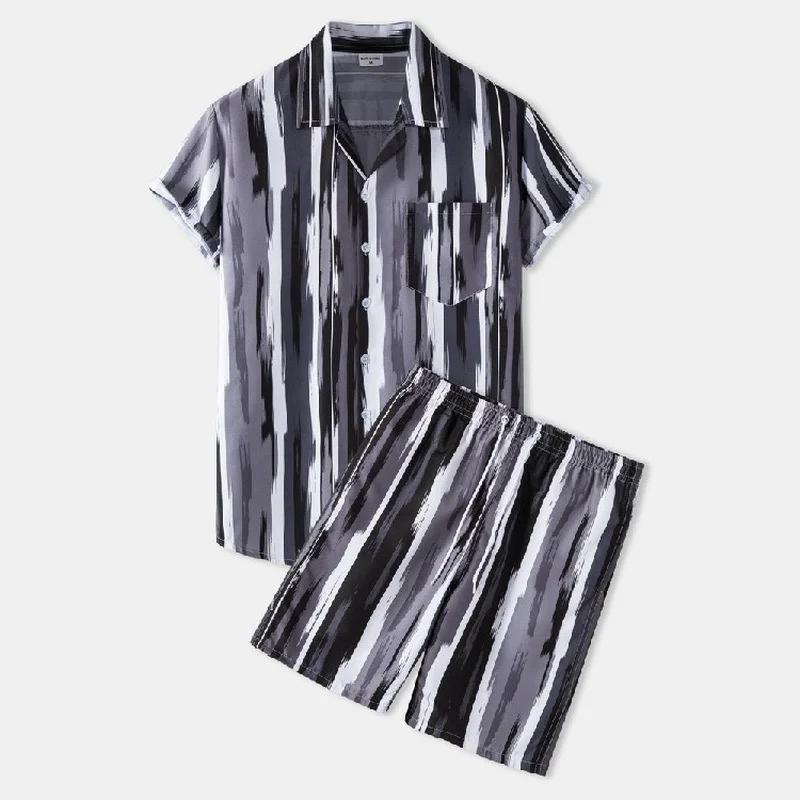 

Printed Casual Suit 2021 Hawaiian Style Striped Shirt Shorts Suit Hong Kong Style Large Size Loose Short-sleeved Shirt Men