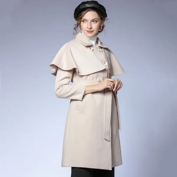 

Woolen Coat Retro Shawl Cloak Coat Lace Up Slim Mid-length Thick Woolen Cloth