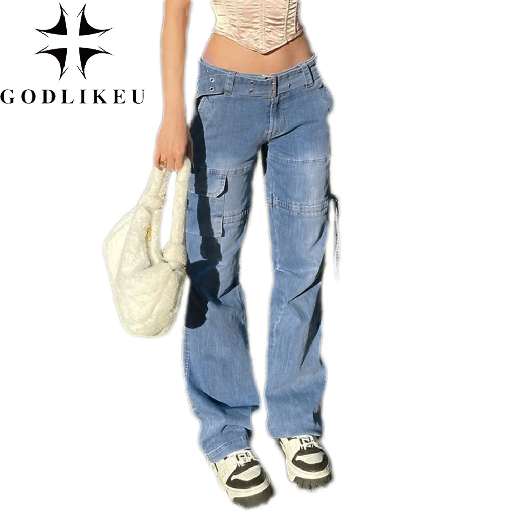 

Джинсы GODLIKEU женские с большими карманами, винтажные брюки-карго из денима с поясом, модная уличная одежда, синие