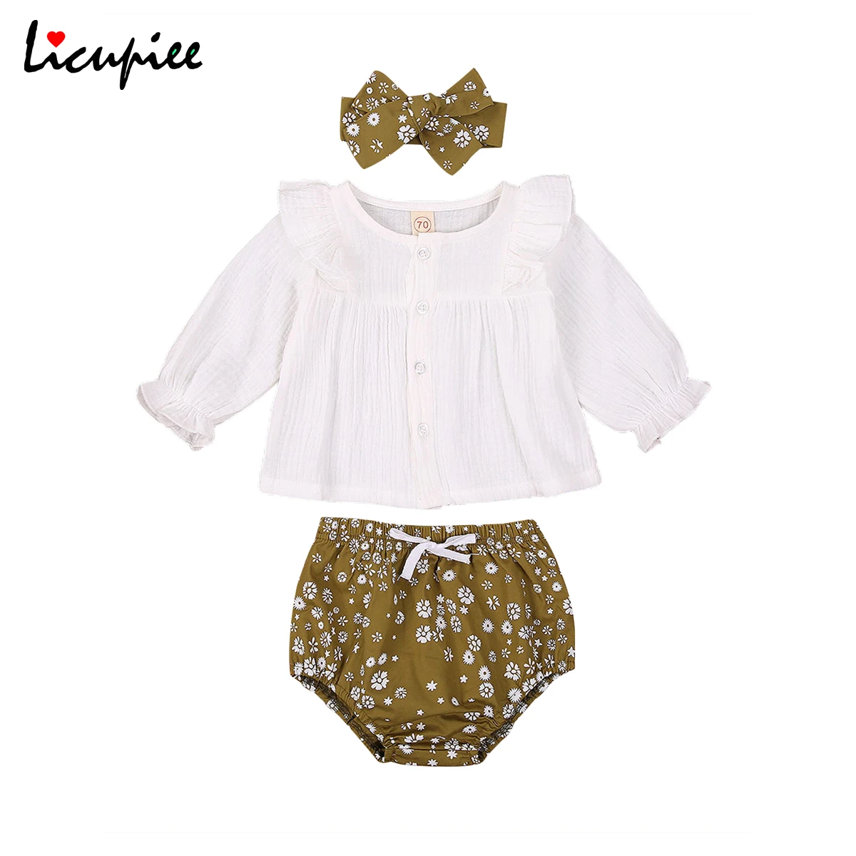 

Licupiee/комплект из 3 предметов, комплект для малышей, однотонный топ с круглым вырезом и длинными рукавами + шорты с цветочным принтом + повязка...