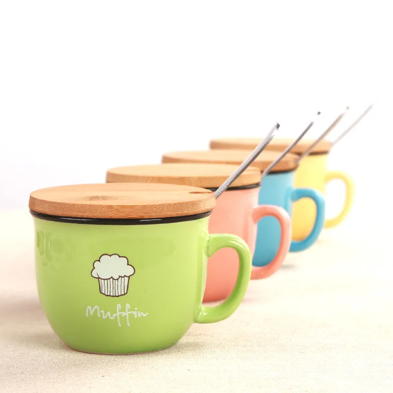 Керамическая кружка для завтрака с деревянным покрытием креативная мультяшная