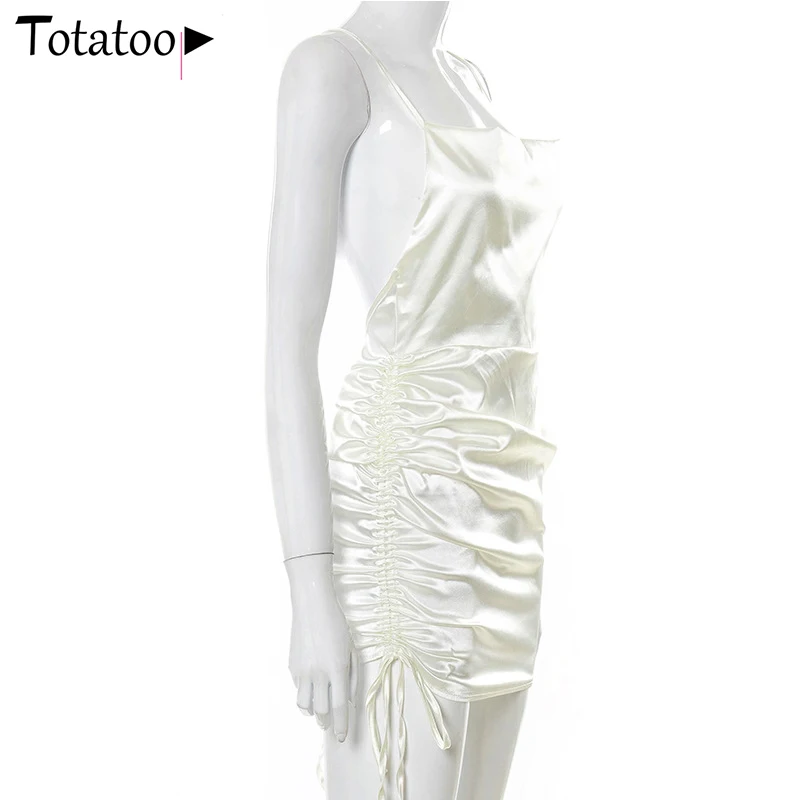 

Totatoop Backless Drawstring Ruched Bodycon Satin Dress For Women 2021 V Neck Sleeveless Solid Mini Dress Clubwear Sexy Vestidos