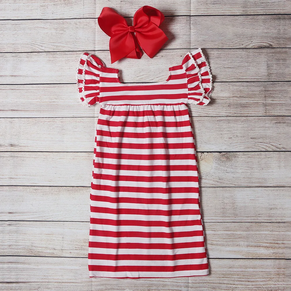 

Fashionable Pure Cotton Baby Girl Dress Small Flying Sleeves With Red And White Stripes Casual Princess Dress