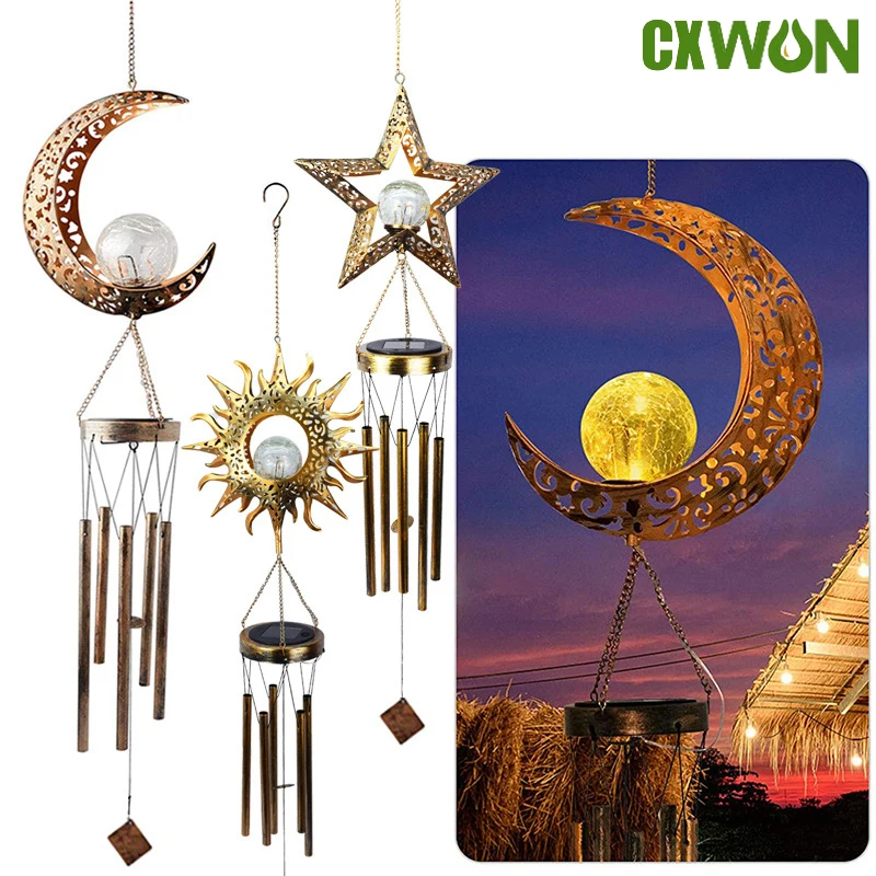 

Retro Solar Wind Chimes Light Outdoor Wrought Iron Sun Moon Warm Pendant Light Waterproof Patio Yard Garden Decor Night Light