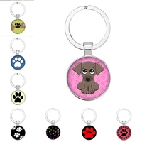cartoon pet paw footprint round glass cabochon animal pendant keychain cat and dog paw pattern glass keychain jewelry gift