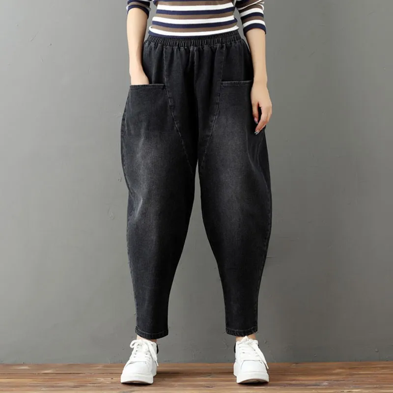 

Women Autumn Casual Jeans New Arrival 2020 Simple Style Vintage Solid Color High Waist Female Loose Denim Harem Pants S1764