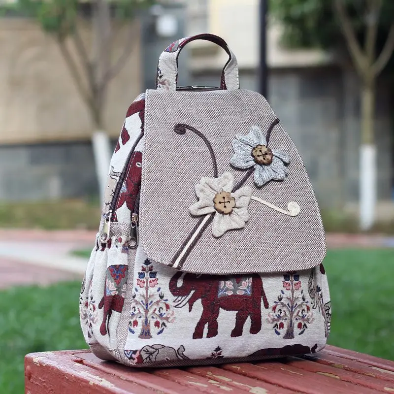 

Cotton Linen Floral Elephant Women Bag Ethnic Customs Kids Handmade Backpack Satchel Book Pouch Bolsa Feminina Bolso for Girls