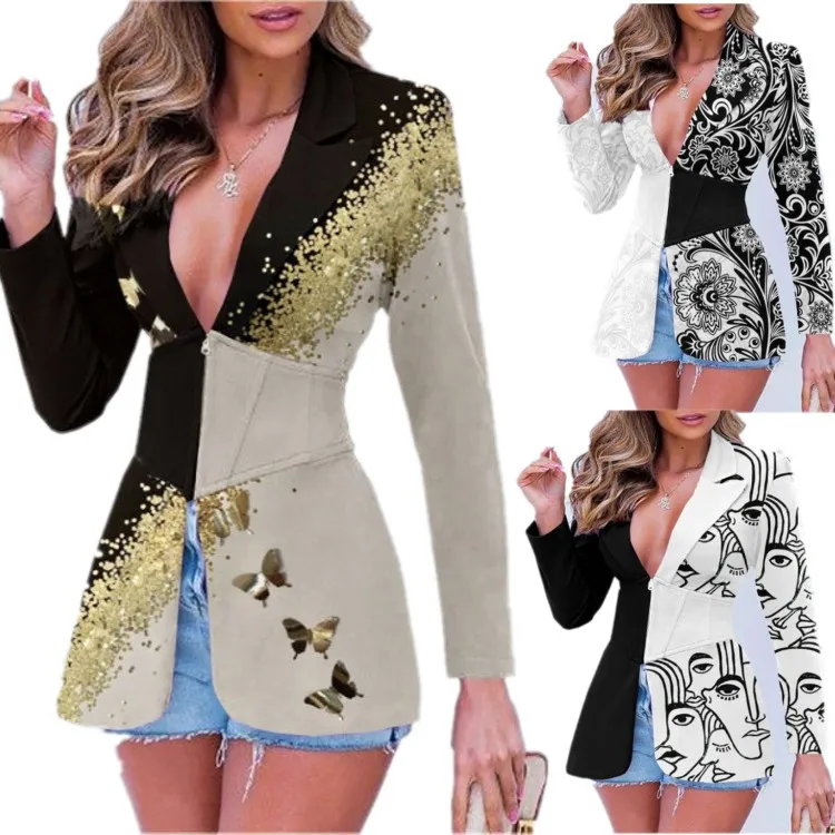 

Women's Blazer Coats Autumn Winter 2021 New Print Contrast Zipper Lapel Blazer