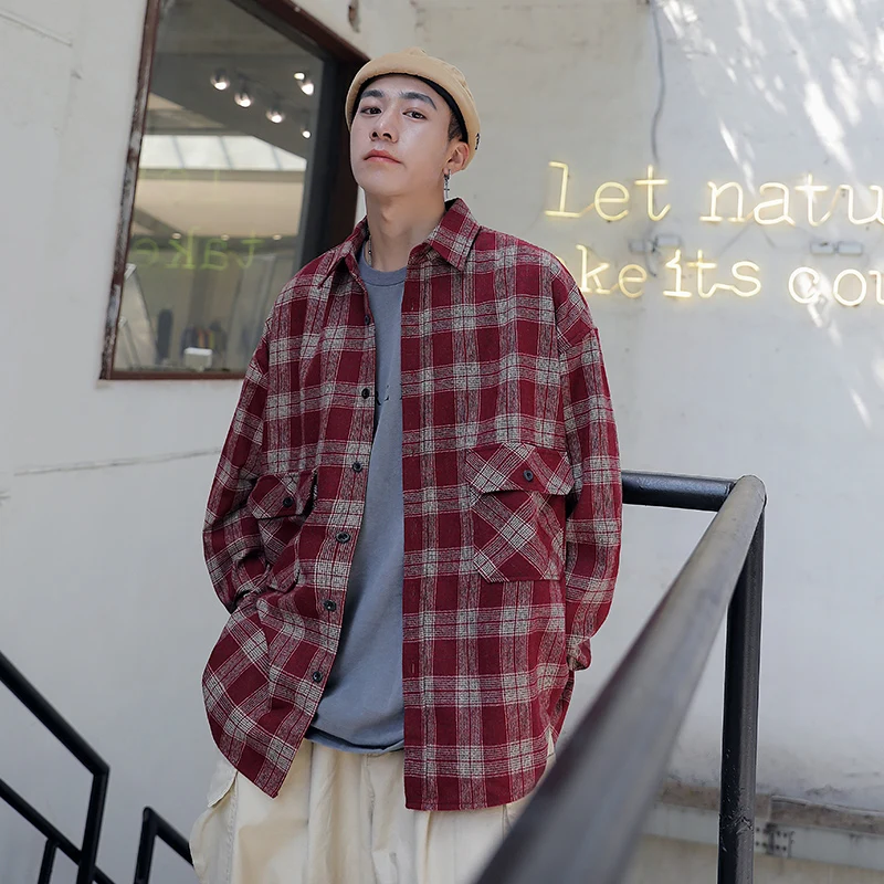 

Tooling Plaid Shirts for Men Loose Vintage Long Sleeve Shirt Harajuku Hip Hop Tops Size M-2xl Japanese Streetwear Autumn Tops