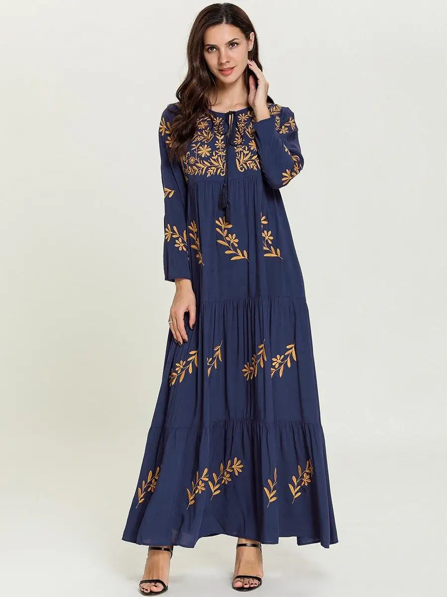 

Autumn Women Muslim Maxi Dress Islamic Abaya Embroidery Kaftan Vintage Robes Gown Arab Dubai Long Sleeve Dress Ethnic Style New