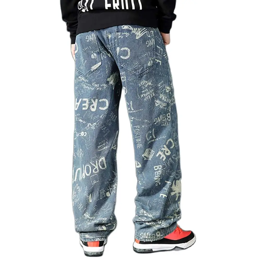 Trendy Hiphop Denim Men Casual Loose Baggy Straight Jeans Streetwear Trousers Full Print Skateboard Wide Leg Plus Size Clothing