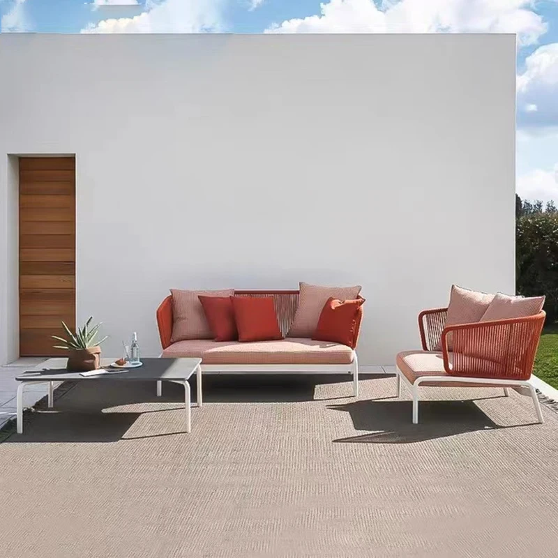 Nordic outdoor rattan leisure sofa courtyard garden terrace chair balcony villa three person tea table combined | Мебель