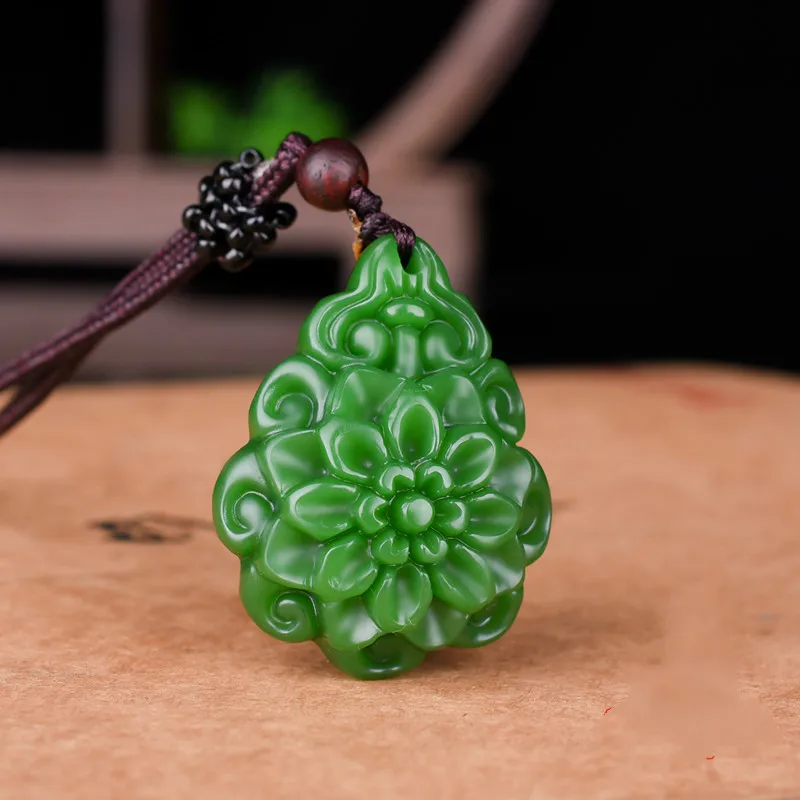 Китайский натуральный зеленый нефритовый подвеска в виде подсолнуха ожерелье