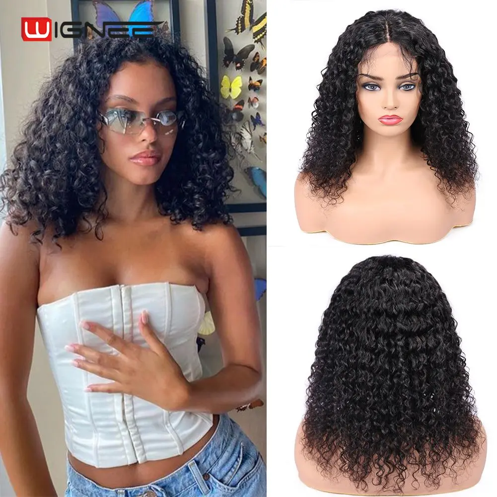Wignee 4x4 Lace Closure Short Curly Human Hair Wig With Baby Hair For Black Women Pre Plucked Hairline Swiss Lace Remy Human Wig