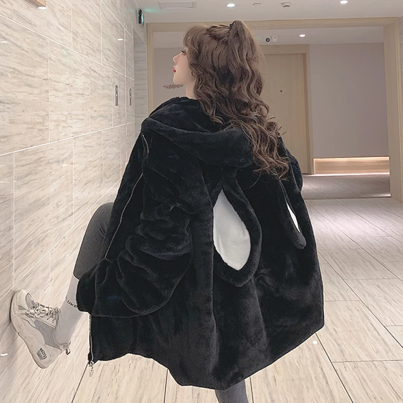 Warm Parkas Kawaii Harajuku Couple Hoodies Cute Rabbit Ears Black Hooded Outwear Women Sweet Korean Loose Warm Plush Coats Y2k