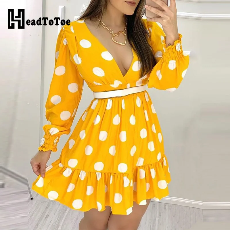 Повседневное платье с рюшами и глубоким вырезом в горошек|Женские платья| |