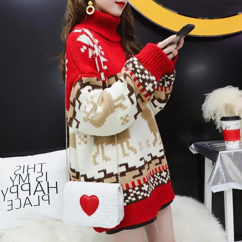 

2022 Autumn And Winter New Sweater Female Students Korean Loose High-necked Hedging Christmas Snowflake Elk Lazy Wind Thickening