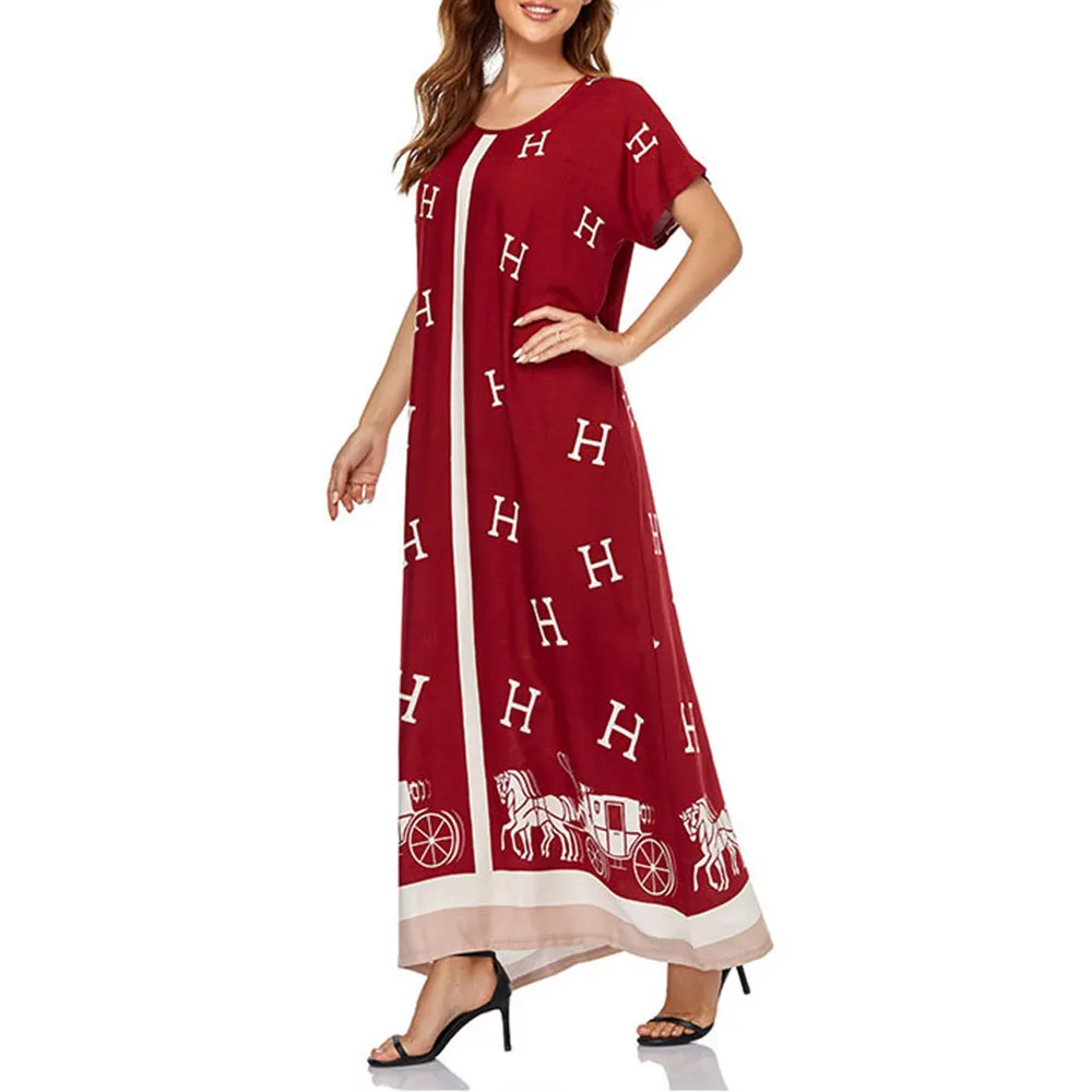 

Muslim Women Dress Hedging Print Red Loose Long Skirt Big Swing Rope Patchwork Short Sleeve Middle East Dubai Ladies Clothing