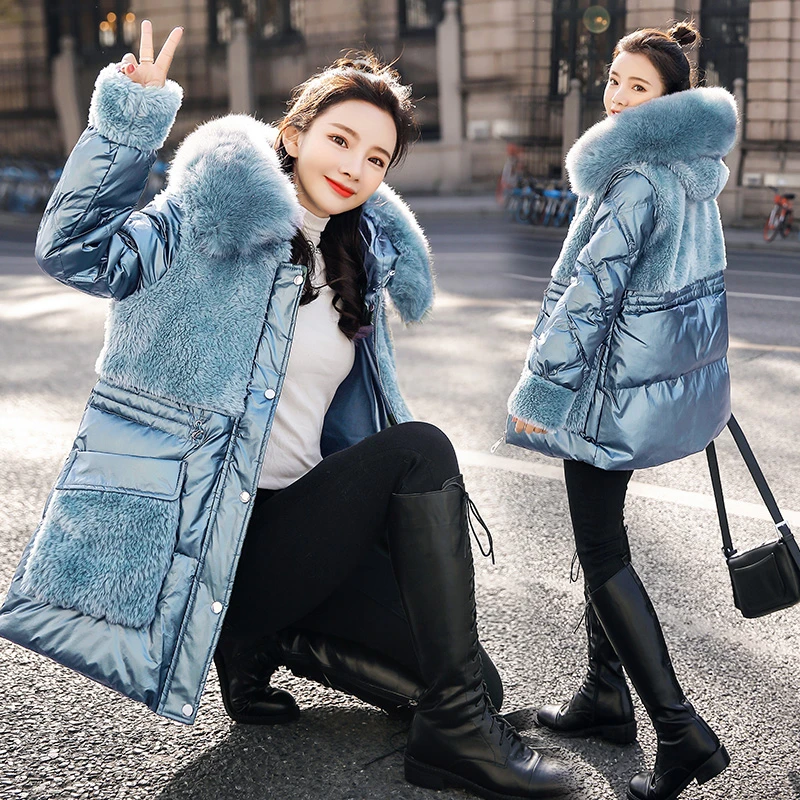 Новинка 2021 модное женское зимнее пальто с большим меховым воротником стеганая