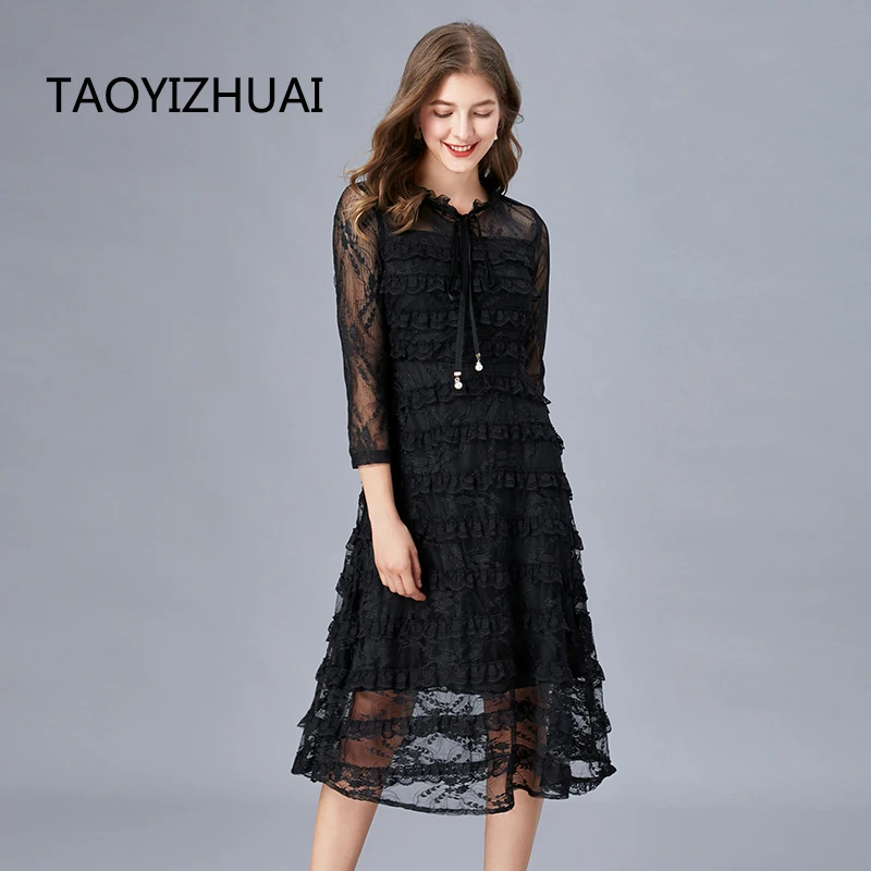 Модное черное кружевное платье для женщин на весну и осень новый внешний вид
